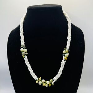 White Seed Bead With Green Stone And Pearl Necklace
